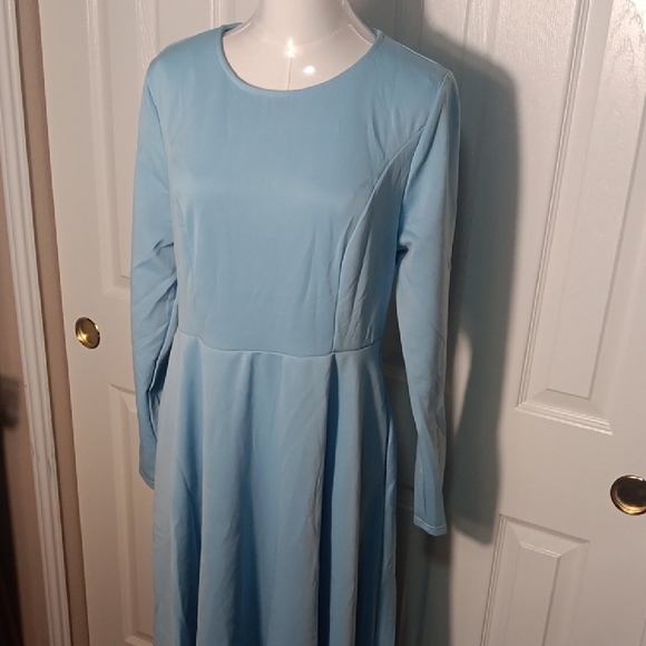 NWOT! Light Blue Classic Vintage Style Swing Long Sleeve Dress With Pockets! - Picture 5 of 12